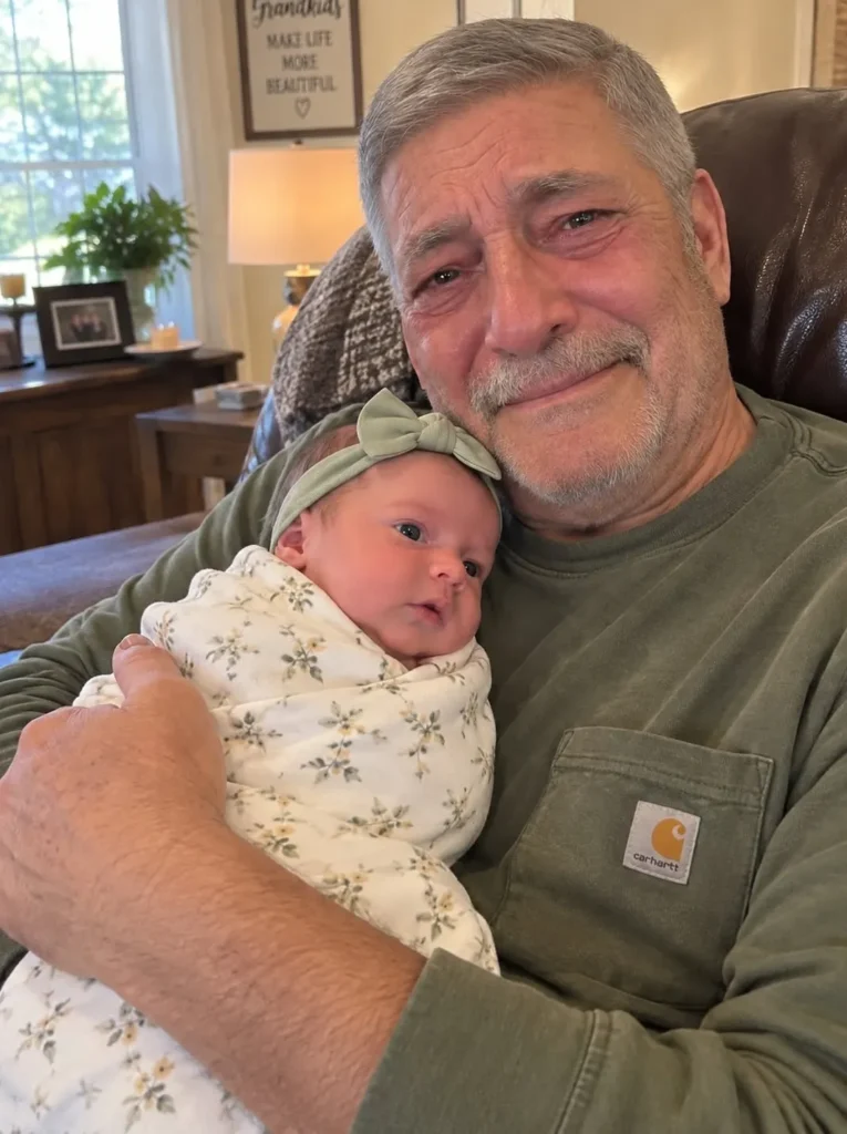 Mom, baby, grandpa emotional meeting.