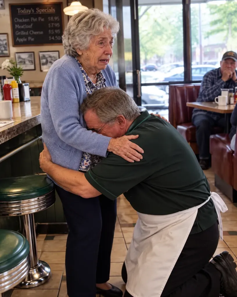 Elderly chef kneels woman denied table